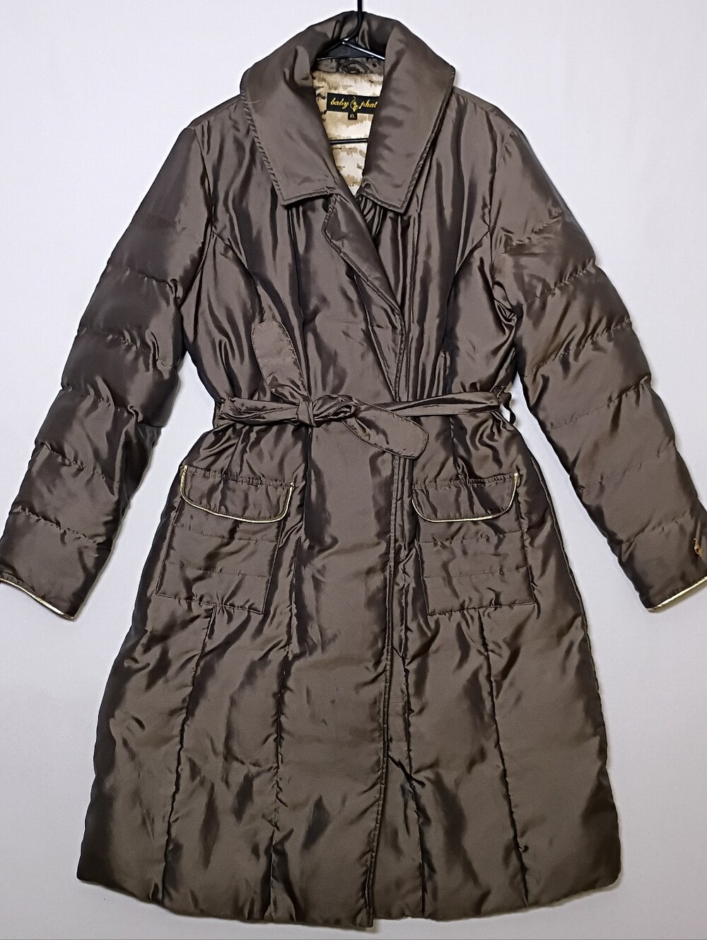 Vintage Baby Phat Brown Quilted Long Puffer Coat XL Belt Gold Trim Shawl Collar